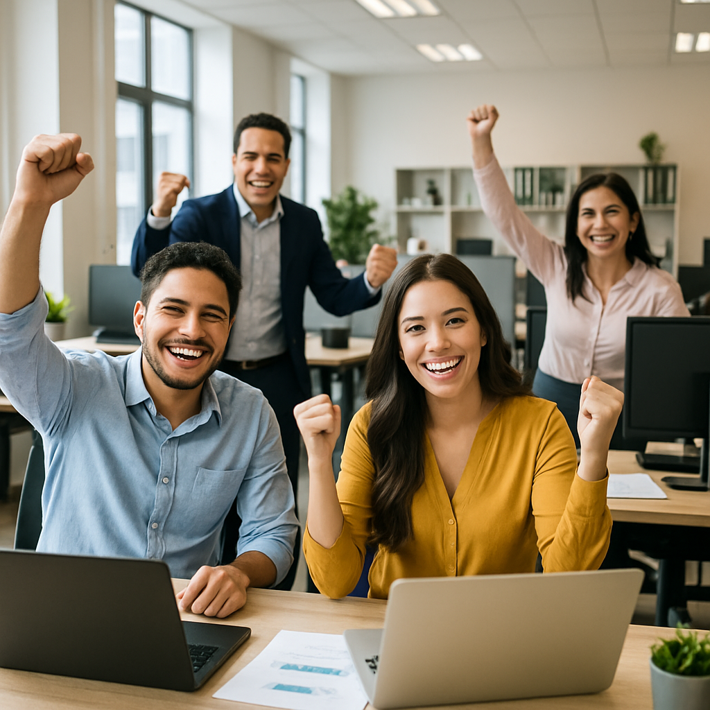 Se ve una imagen de la oficina de una empresa con empleados contentos se ve prosperidad son latinos-1
